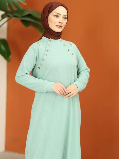 Düğmeli Triko Takım Nefti Yeşil