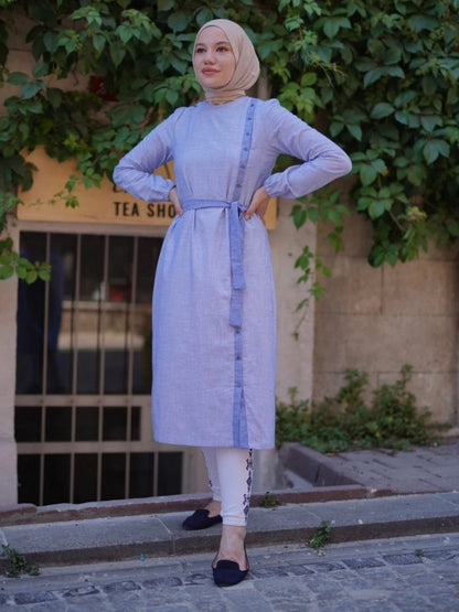 Kemerli Pamuk Tunik Mavi