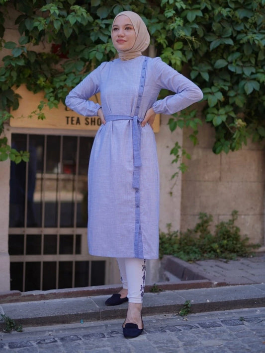 Kemerli Pamuk Tunik Mavi