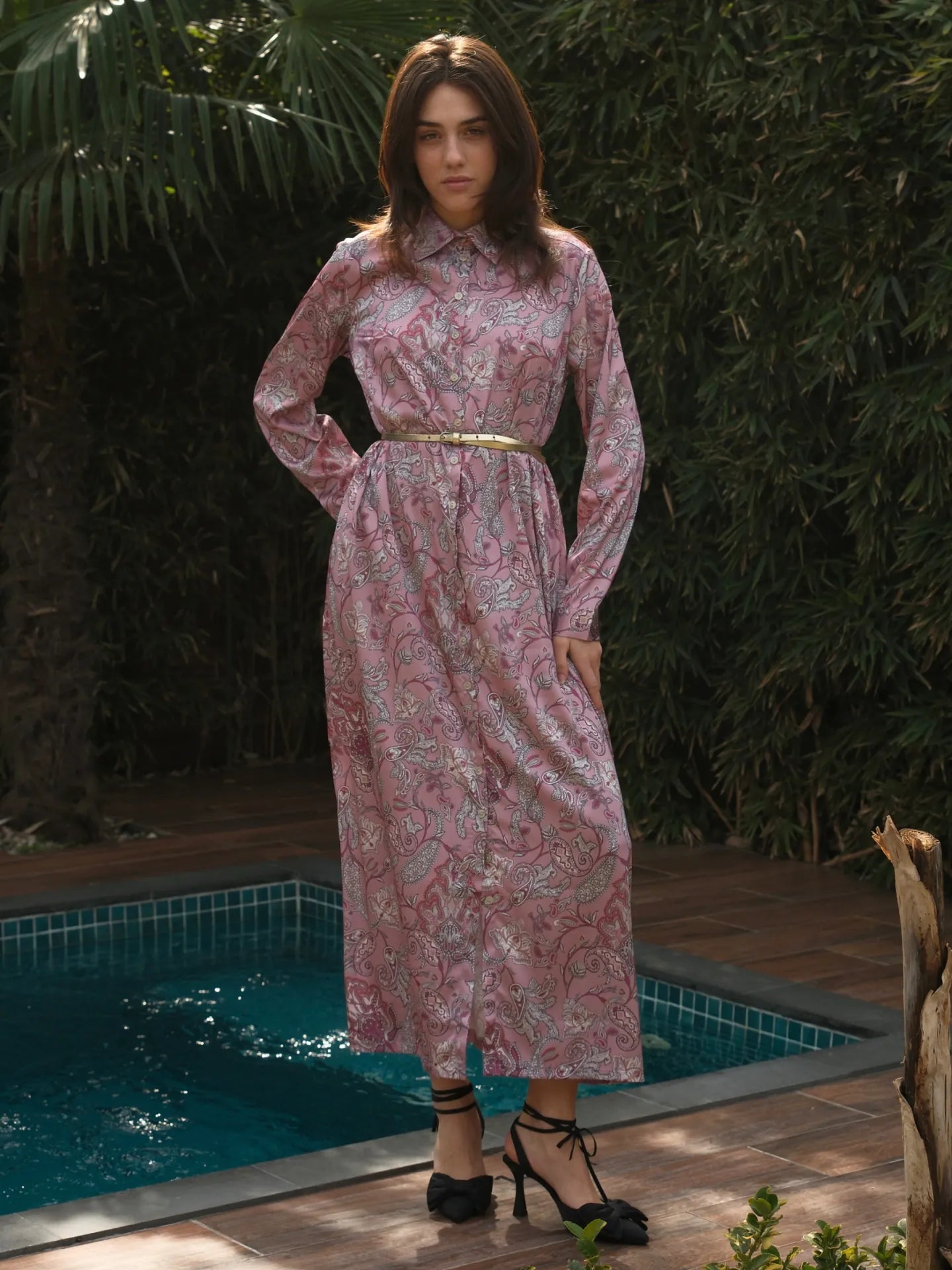 Şal Desen Önü Düğmeli Saten Uzun Boy Elbise Gül Kurusu