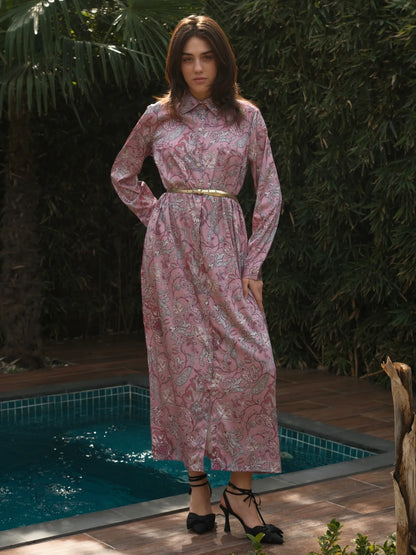 Şal Desen Önü Düğmeli Saten Uzun Boy Elbise Gül Kurusu