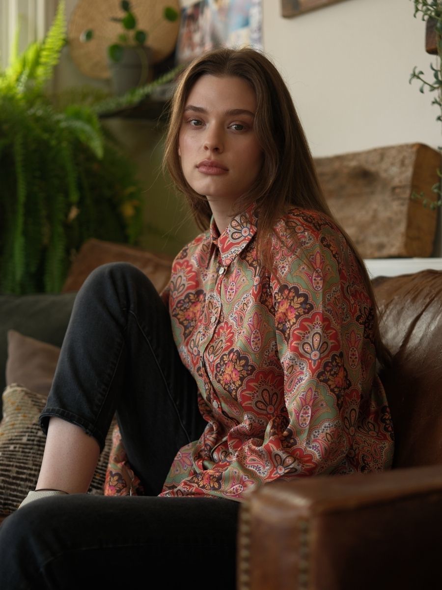 Retro Desen Saten Gömlek