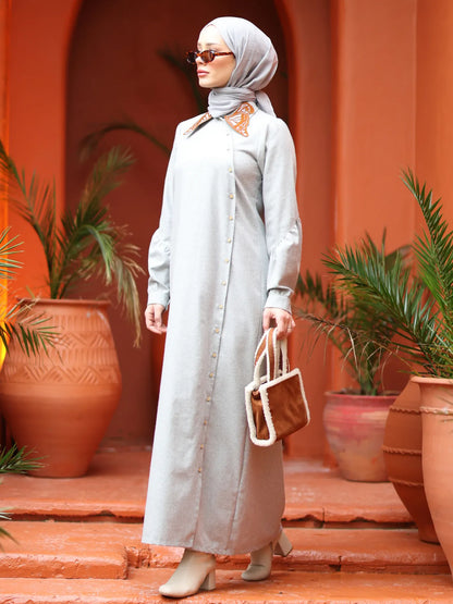 Kelebek Yaka Elbise Gri