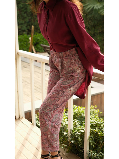 Şal Desen Beli Büzgülü Pantolon Gül Kurusu