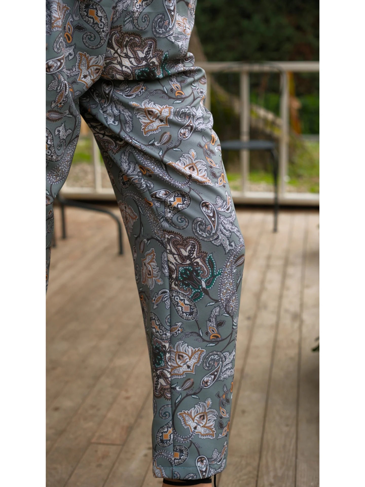 Şal Desenli Beli Lastikli Cepli Pantolon Yeşil