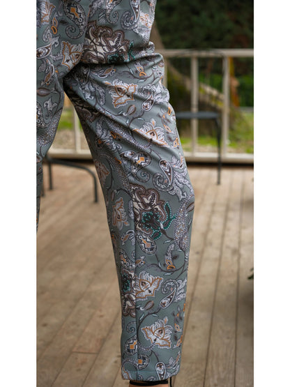 Şal Desenli Beli Lastikli Cepli Pantolon Yeşil