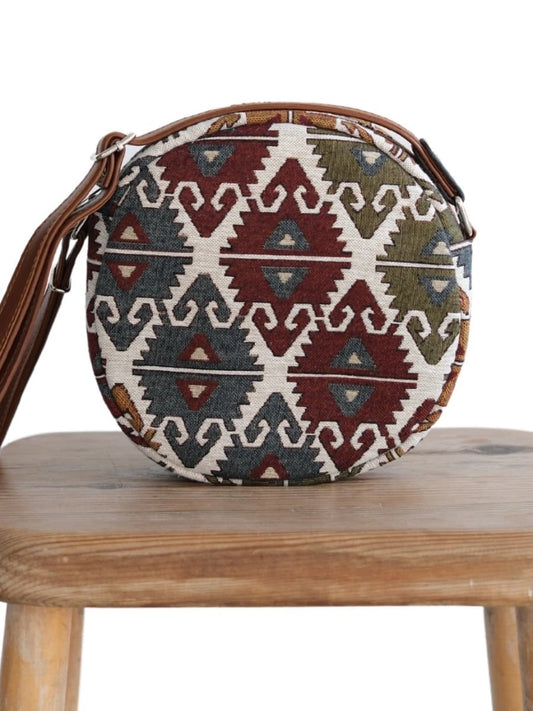 Etnik Desen Goblen Yuvarlak Çanta
