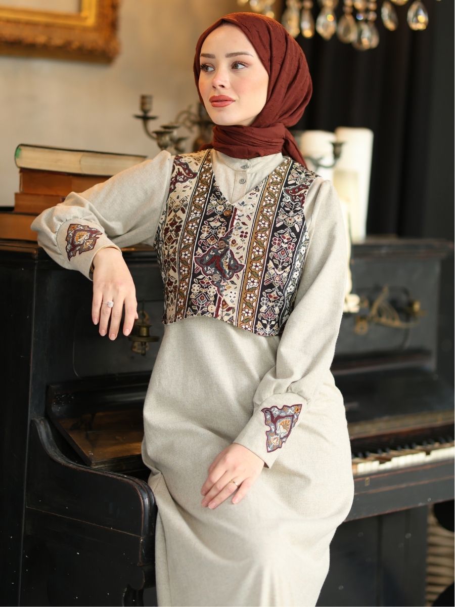 Goblen Yelekli Elbise Takım Taş