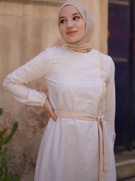 Kemerli Pamuk Tunik Krem