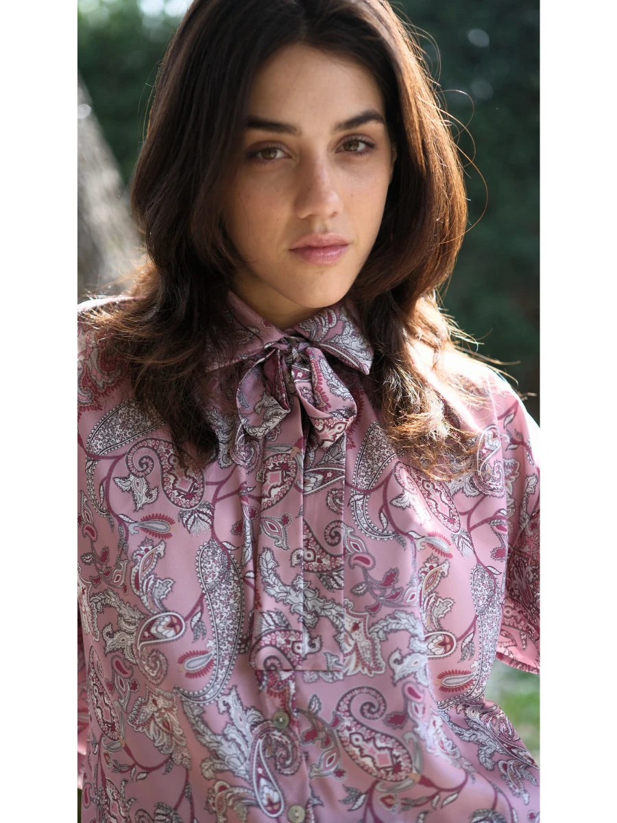 Şal Desen Saten Bluz Gül Kurusu