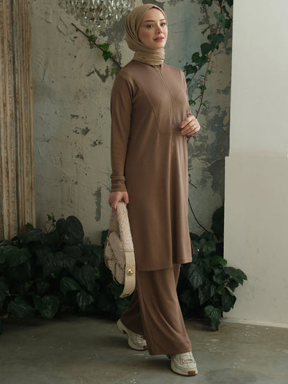 Yakası Fermuarlı Viskon Triko Tunik Vizon