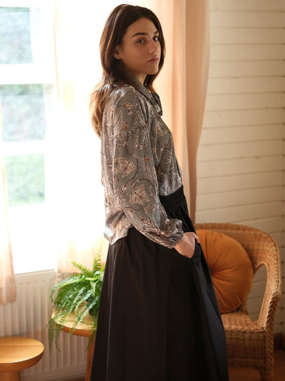 Şal Desen Saten Bluz Yeşil