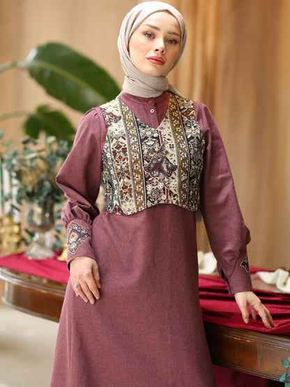 Goblen Yelekli Elbise Takım Bordo