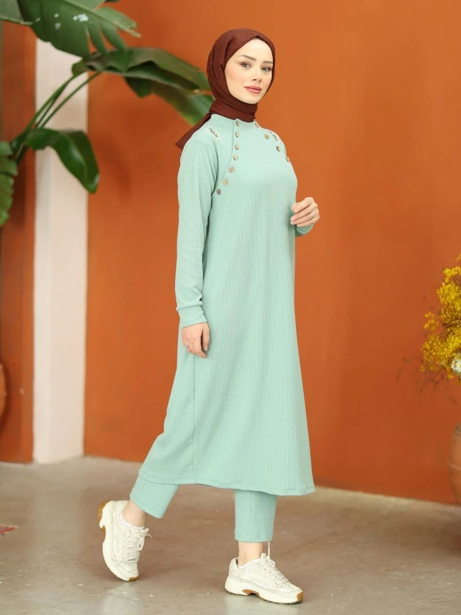 Düğmeli Triko Takım Nefti Yeşil