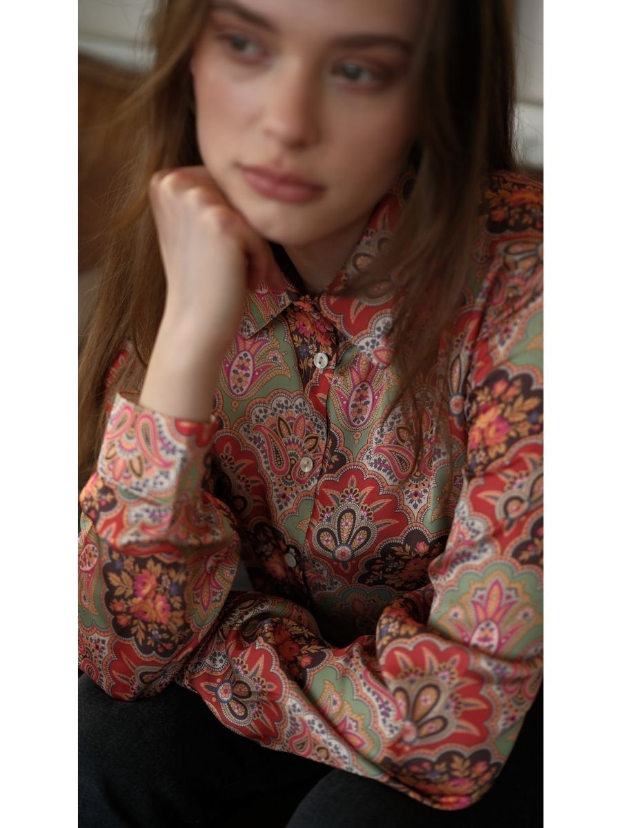 Retro Desen Saten Gömlek