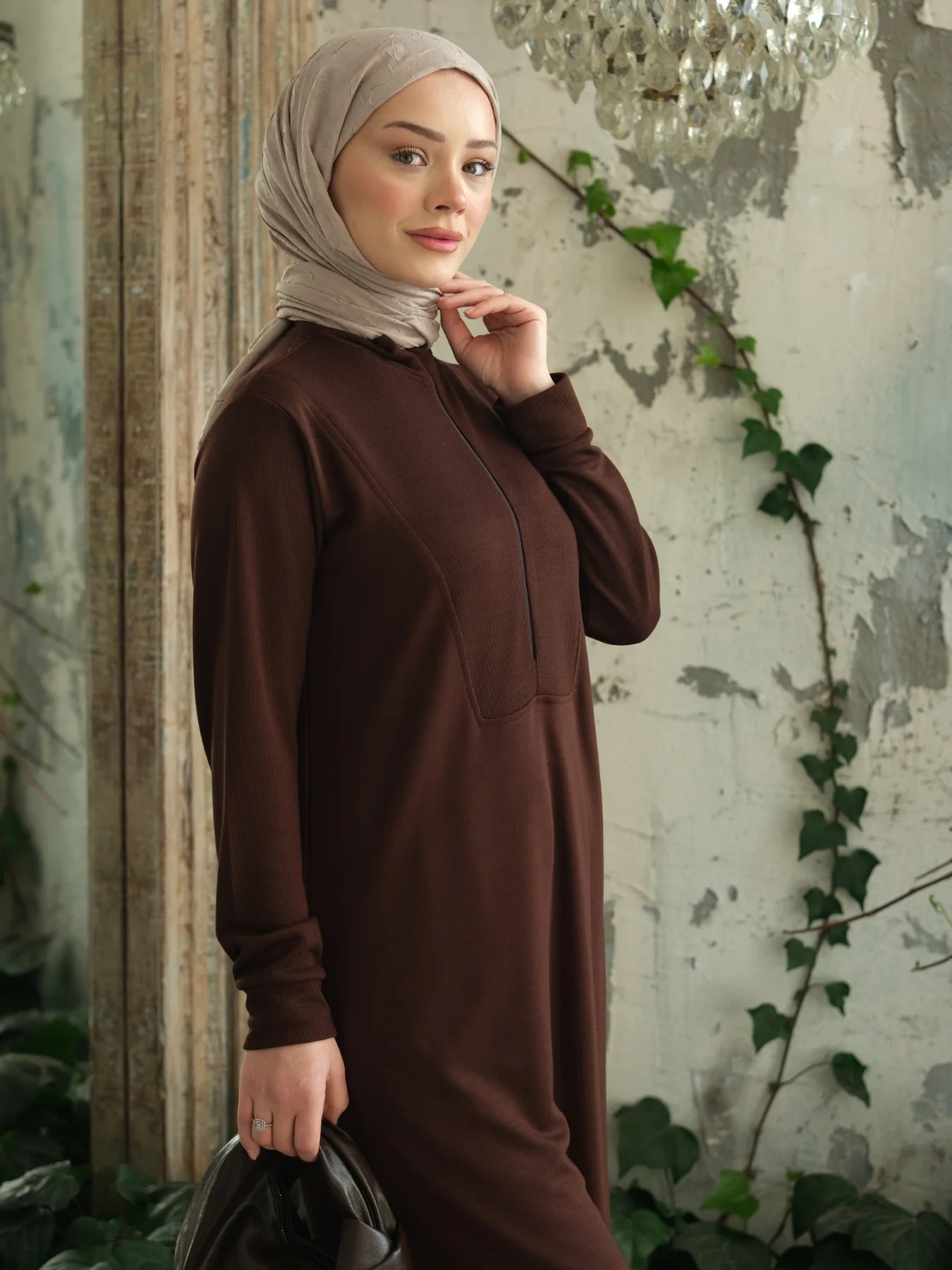 Yakası Fermuarlı Viskon Triko Tunik Kahverengi