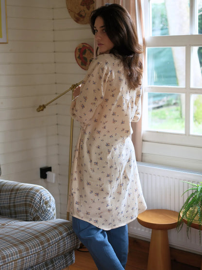 Çıtır Çiçek Desenli Pamuklu Müslin Tunik Mavi