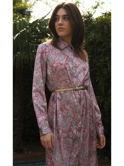 Şal Desen Önü Düğmeli Saten Uzun Boy Elbise Gül Kurusu