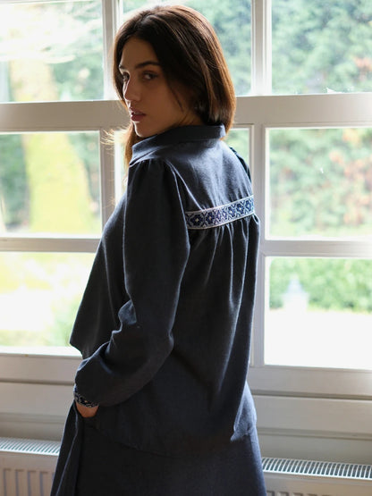 Etamin Nakışlı Pamuk Flanel Takım Lacivert