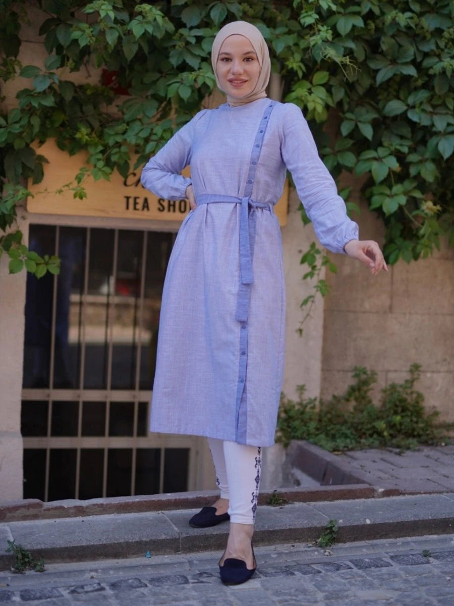 Kemerli Pamuk Tunik Mavi