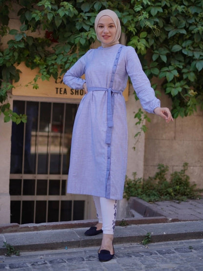 Kemerli Pamuk Tunik Mavi