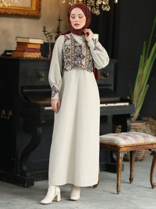 Goblen Yelekli Elbise Takım Taş