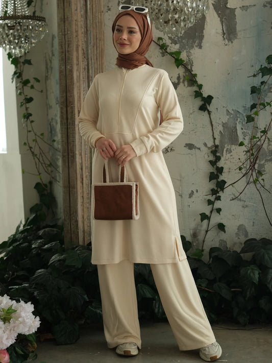 Yakası Fermuarlı Viskon Triko Tunik Ekru