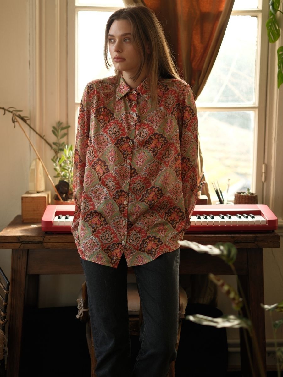 Retro Desen Saten Gömlek