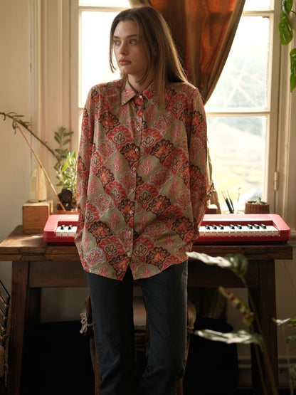 Retro Desen Saten Gömlek