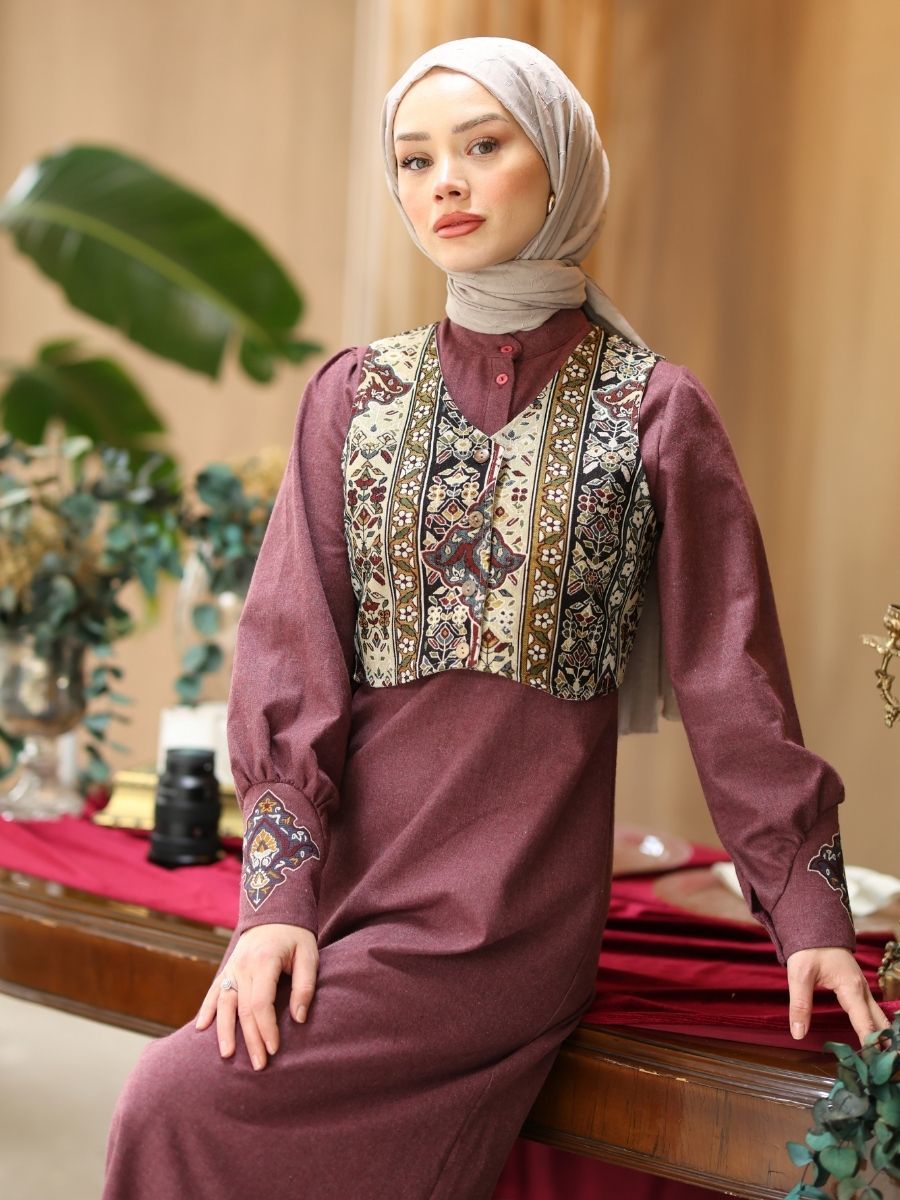 Goblen Yelekli Elbise Takım Bordo