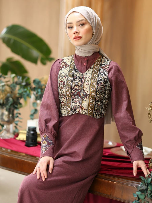 Goblen Yelekli Elbise Takım Bordo