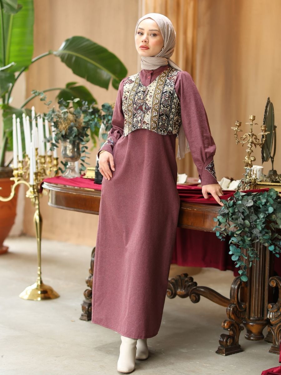 Goblen Yelekli Elbise Takım Bordo