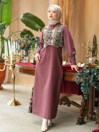 Goblen Yelekli Elbise Takım Bordo