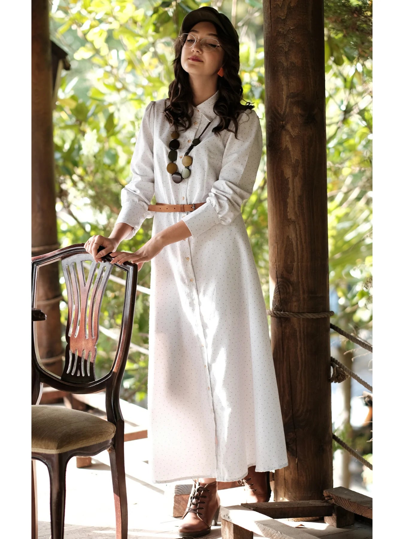 Çıtır Desen Elbise Kırık Beyaz