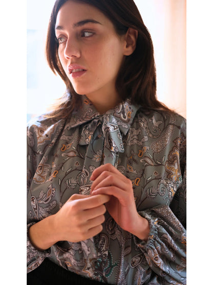 Şal Desen Saten Bluz Yeşil