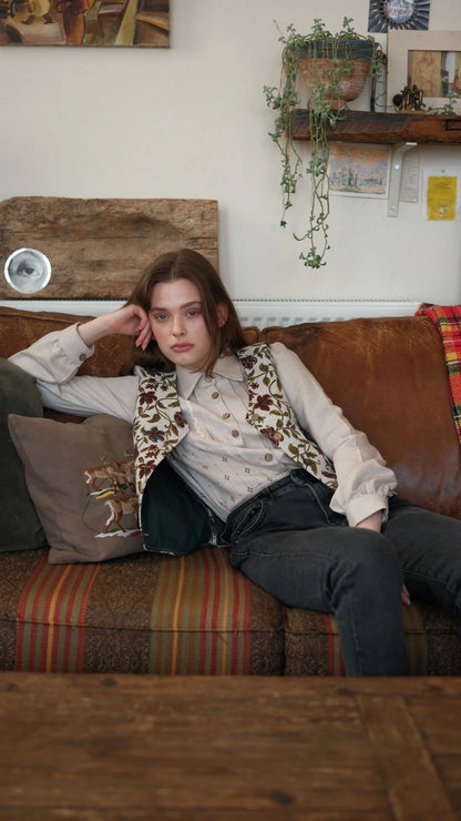 Çiçek Desen Goblen Yelek Krem