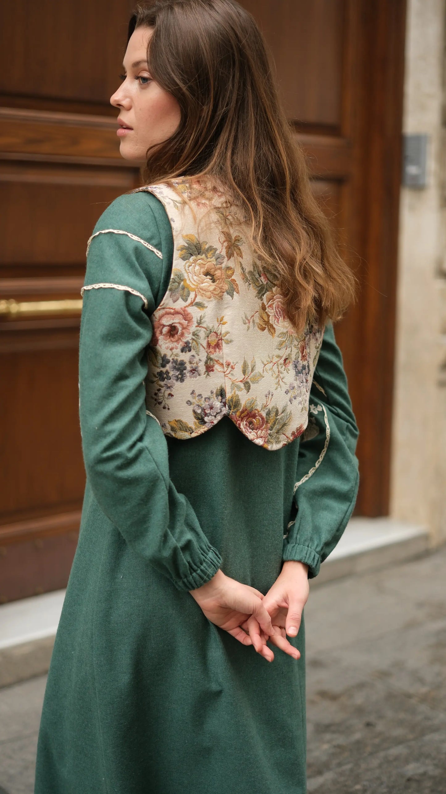 Lavinya Elbise + Goblen Yelekli Takım Petrol