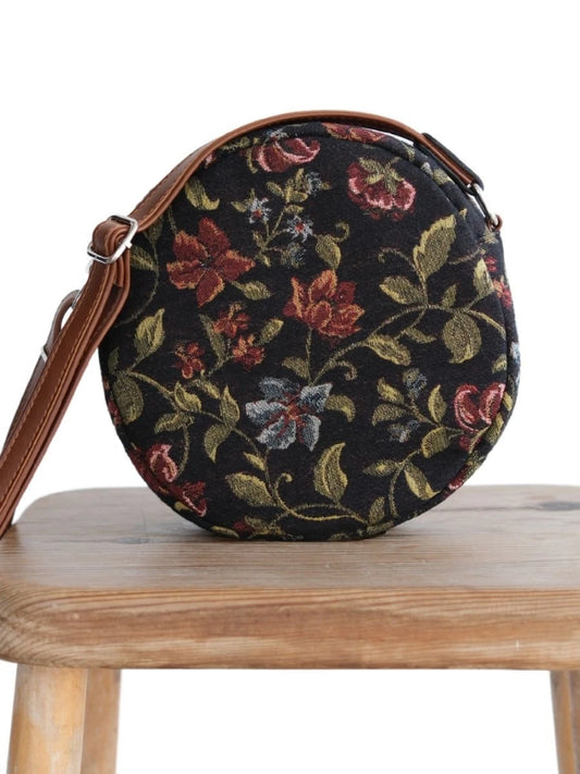 Çiçek Desen Goblen Yuvarlak Çanta