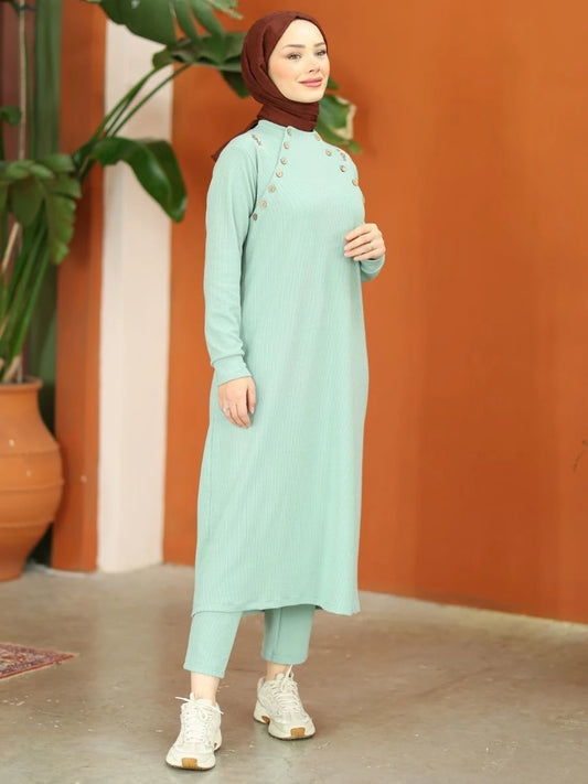 Düğmeli Triko Takım Nefti Yeşil