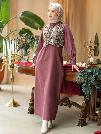 Goblen Yelekli Elbise Takım Bordo