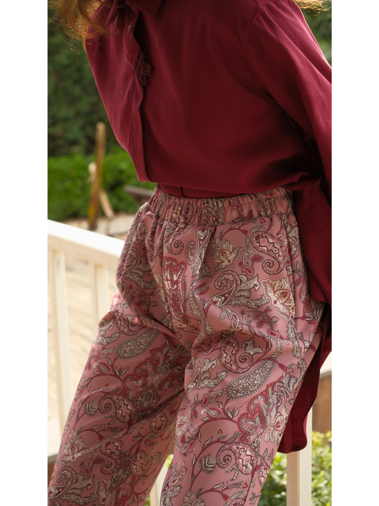 Şal Desen Beli Büzgülü Pantolon Gül Kurusu