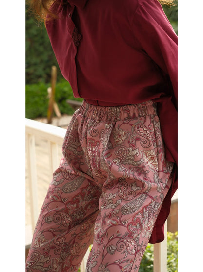 Şal Desen Beli Büzgülü Pantolon Gül Kurusu