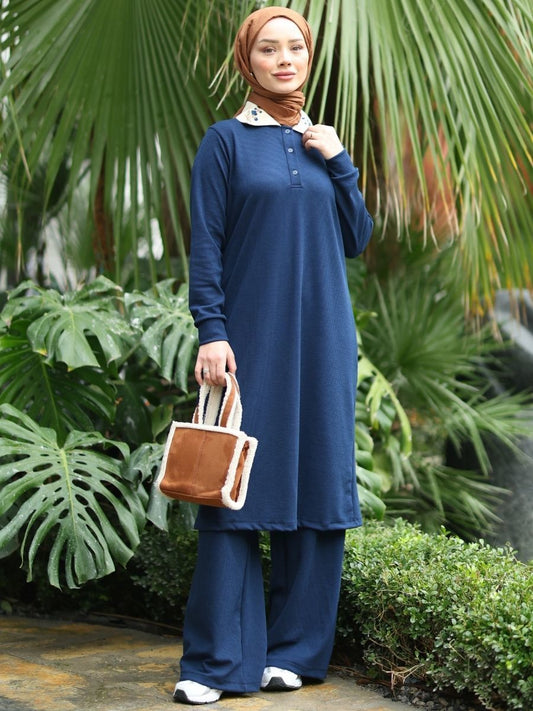 Polo Yaka Kaşkorse Tunik Saks