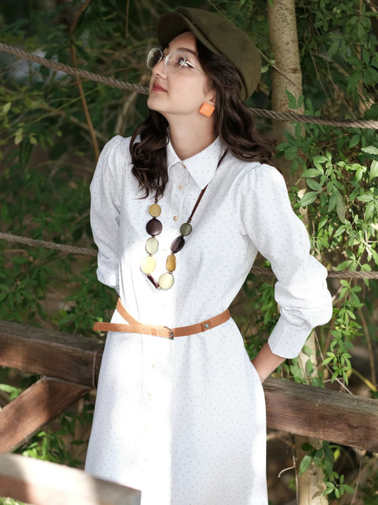 Çıtır Desen Elbise Kırık Beyaz