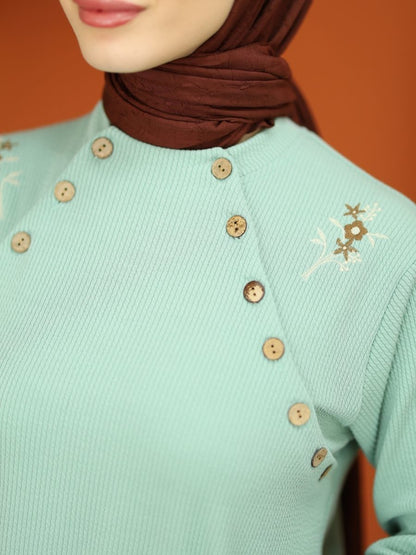 Düğmeli Triko Takım Nefti Yeşil