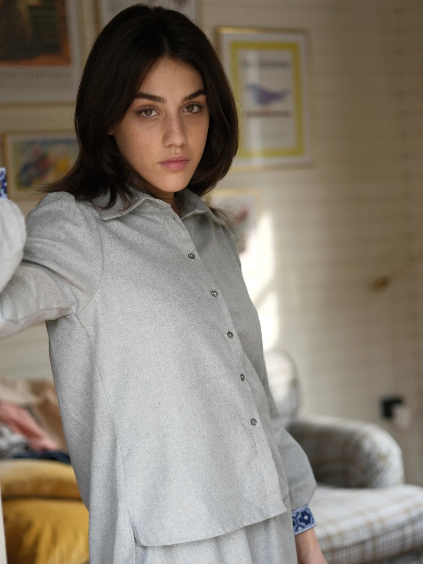 Etamin Nakışlı Pamuk Flanel Takım Gri