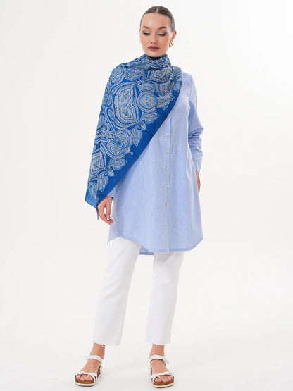 Basic Pamuklu Gömlek Mavi + Şal Hediyeli