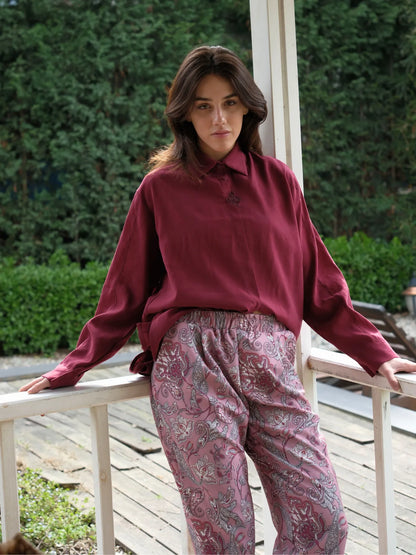 Şal Desen Beli Büzgülü Pantolon Gül Kurusu