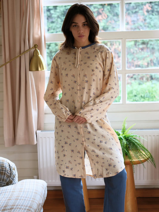 Çıtır Çiçek Desenli Pamuklu Müslin Tunik Mavi