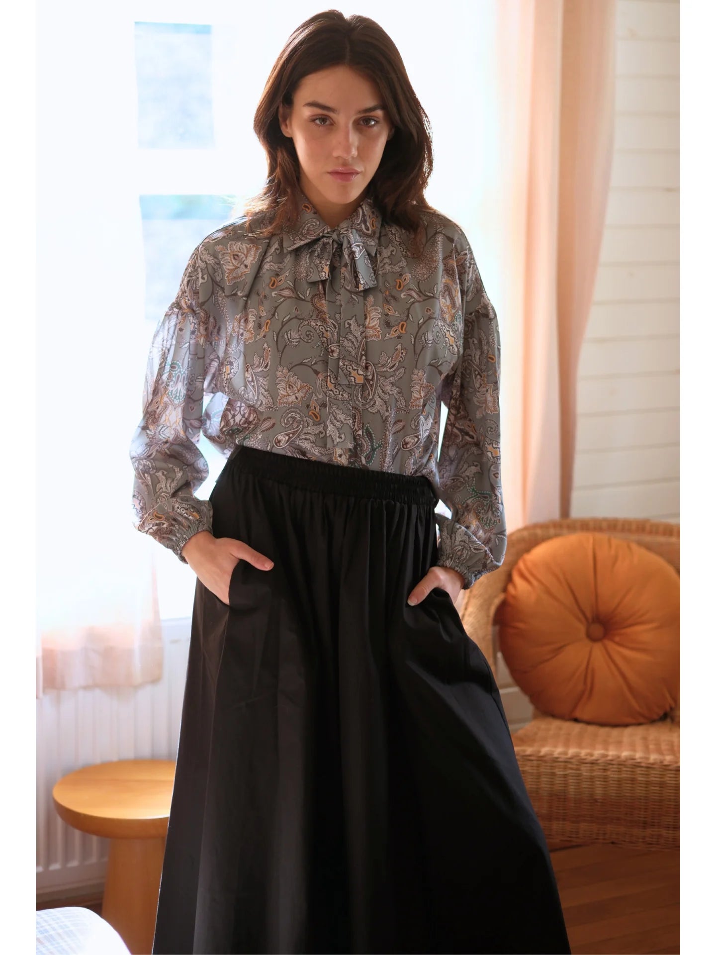 Şal Desen Saten Bluz Yeşil